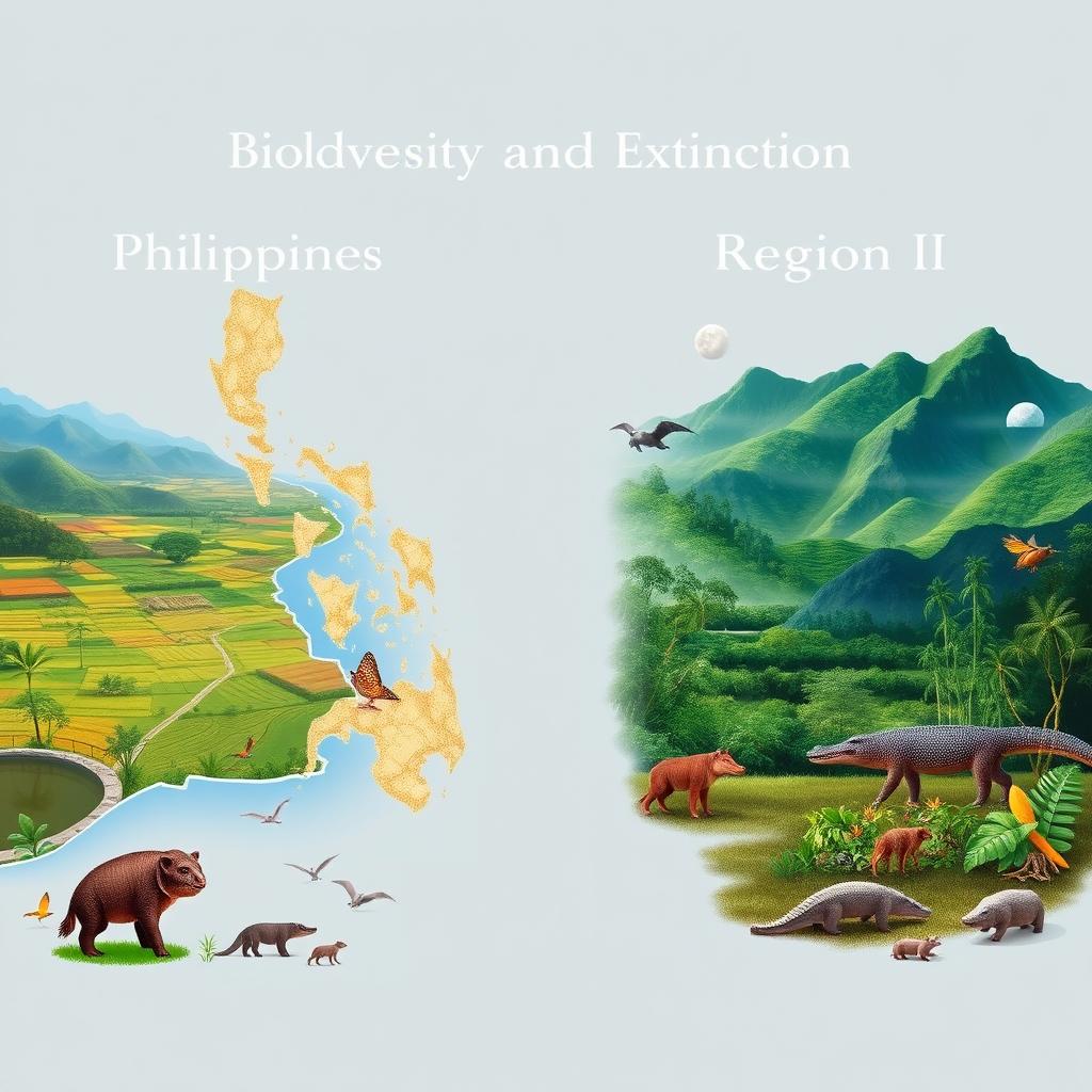 An informative and artistic representation focusing on the biodiversity and extinction challenges of Region I (Ilocos Region) and Region II (Cagayan Valley) in the Philippines