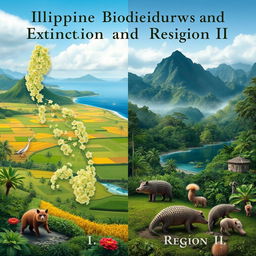 An informative and artistic representation focusing on the biodiversity and extinction challenges of Region I (Ilocos Region) and Region II (Cagayan Valley) in the Philippines