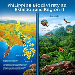 An informative and artistic representation focusing on the biodiversity and extinction challenges of Region I (Ilocos Region) and Region II (Cagayan Valley) in the Philippines