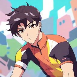 Anime style male character with black hair and brown eyes, donned in a vibrant cycling jersey.