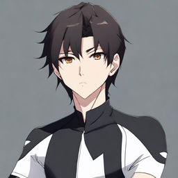 Anime style male character with black hair and brown eyes, attired in a sleek black cycling jersey.