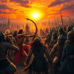 A grand epic battle scene depicting the Pandavas and Kauravas from the Mahabharata in an ancient Indian battlefield