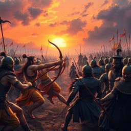 A grand epic battle scene depicting the Pandavas and Kauravas from the Mahabharata in an ancient Indian battlefield