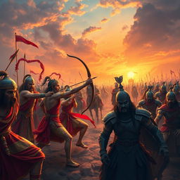 A grand epic battle scene depicting the Pandavas and Kauravas from the Mahabharata in an ancient Indian battlefield