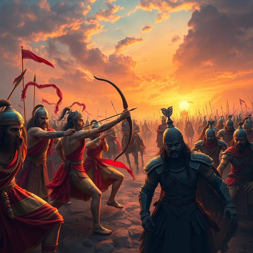 A grand epic battle scene depicting the Pandavas and Kauravas from the Mahabharata in an ancient Indian battlefield