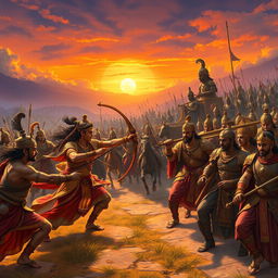A grand epic battle scene depicting the Pandavas and Kauravas from the Mahabharata in an ancient Indian battlefield