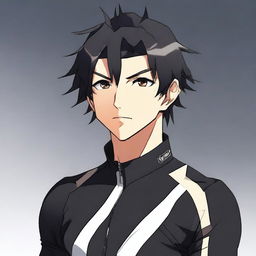 Anime style male character with black hair and brown eyes, attired in a sleek black cycling jersey.