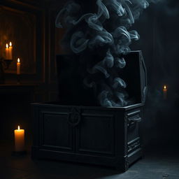 An ancient, ornate chest crafted from dark, weathered wood, sitting ominously in a dimly lit room