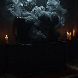 An ancient, ornate chest crafted from dark, weathered wood, sitting ominously in a dimly lit room