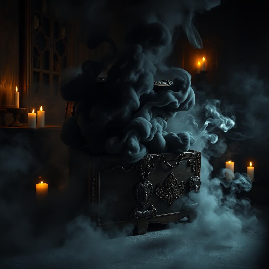 An ancient, ornate chest crafted from dark, weathered wood, sitting ominously in a dimly lit room
