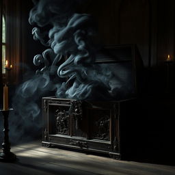 An ancient, ornate chest crafted from dark, weathered wood, sitting ominously in a dimly lit room