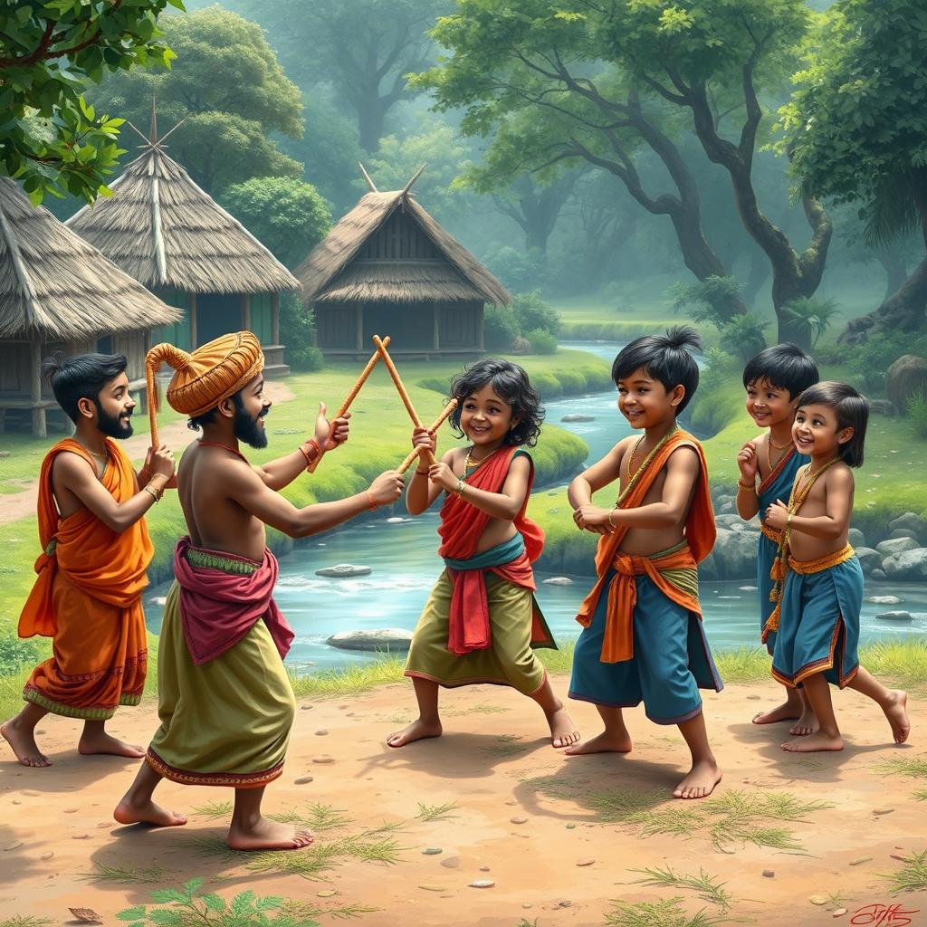 A playful and imaginative scene of the Pandavas and Kauravas as children engaged in a friendly mock fight in an ancient Indian ashram