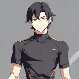 Anime style male character with black hair and brown eyes, attired in a sleek black cycling jersey.