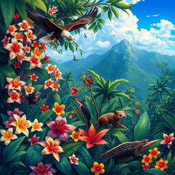 A captivating illustration depicting the rich biodiversity of the Philippines, showcasing a lush tropical rainforest filled with a variety of vibrant flora and fauna