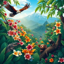 A captivating illustration depicting the rich biodiversity of the Philippines, showcasing a lush tropical rainforest filled with a variety of vibrant flora and fauna