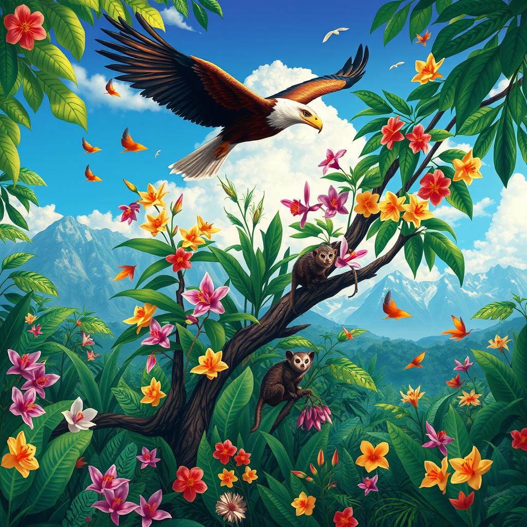 A captivating illustration depicting the rich biodiversity of the Philippines, showcasing a lush tropical rainforest filled with a variety of vibrant flora and fauna