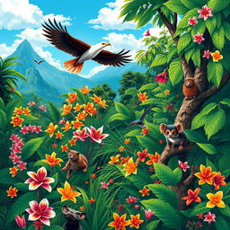 A captivating illustration depicting the rich biodiversity of the Philippines, showcasing a lush tropical rainforest filled with a variety of vibrant flora and fauna