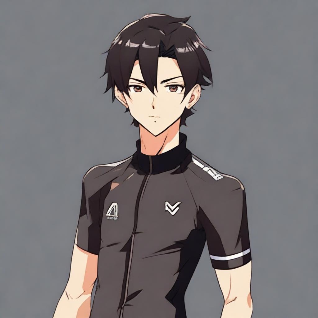 Anime style male character with black hair and brown eyes, donned in a sleek black cycling jersey.