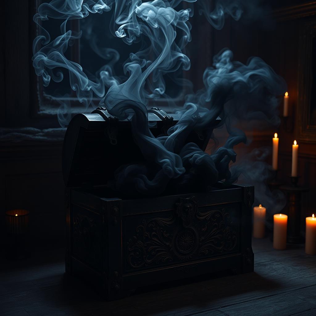 An ancient, ornate chest crafted from dark, weathered wood, sitting ominously in a dimly lit room