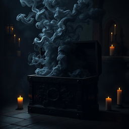 An ancient, ornate chest crafted from dark, weathered wood, sitting ominously in a dimly lit room