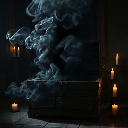 An ancient, ornate chest crafted from dark, weathered wood, sitting ominously in a dimly lit room