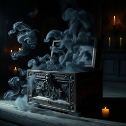 An ancient, ornate chest crafted from dark, weathered wood, sitting ominously in a dimly lit room