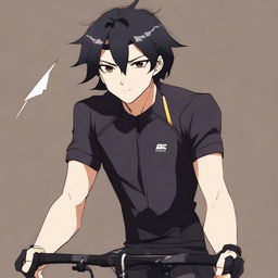 Anime style male character with black hair and brown eyes, donned in a sleek black cycling jersey.