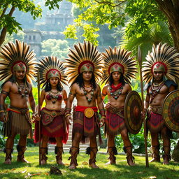 A group of Aztec warriors standing proudly in traditional attire, showcasing intricate feathered headdresses, colorful woven garments, and detailed body paint