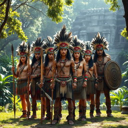 A group of Aztec warriors standing proudly in traditional attire, showcasing intricate feathered headdresses, colorful woven garments, and detailed body paint