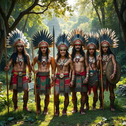 A group of Aztec warriors standing proudly in traditional attire, showcasing intricate feathered headdresses, colorful woven garments, and detailed body paint