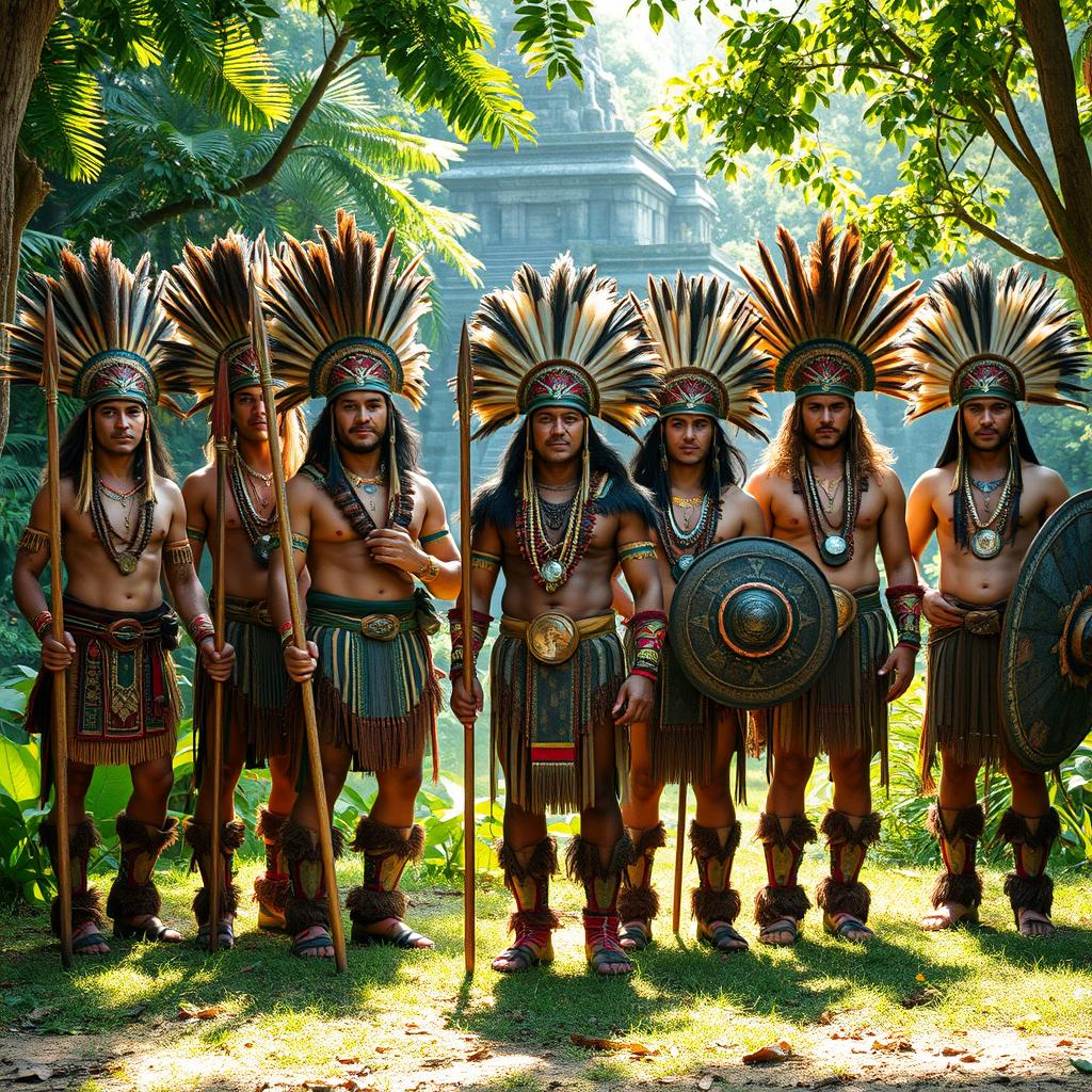 A group of Aztec warriors standing proudly in traditional attire, showcasing intricate feathered headdresses, colorful woven garments, and detailed body paint
