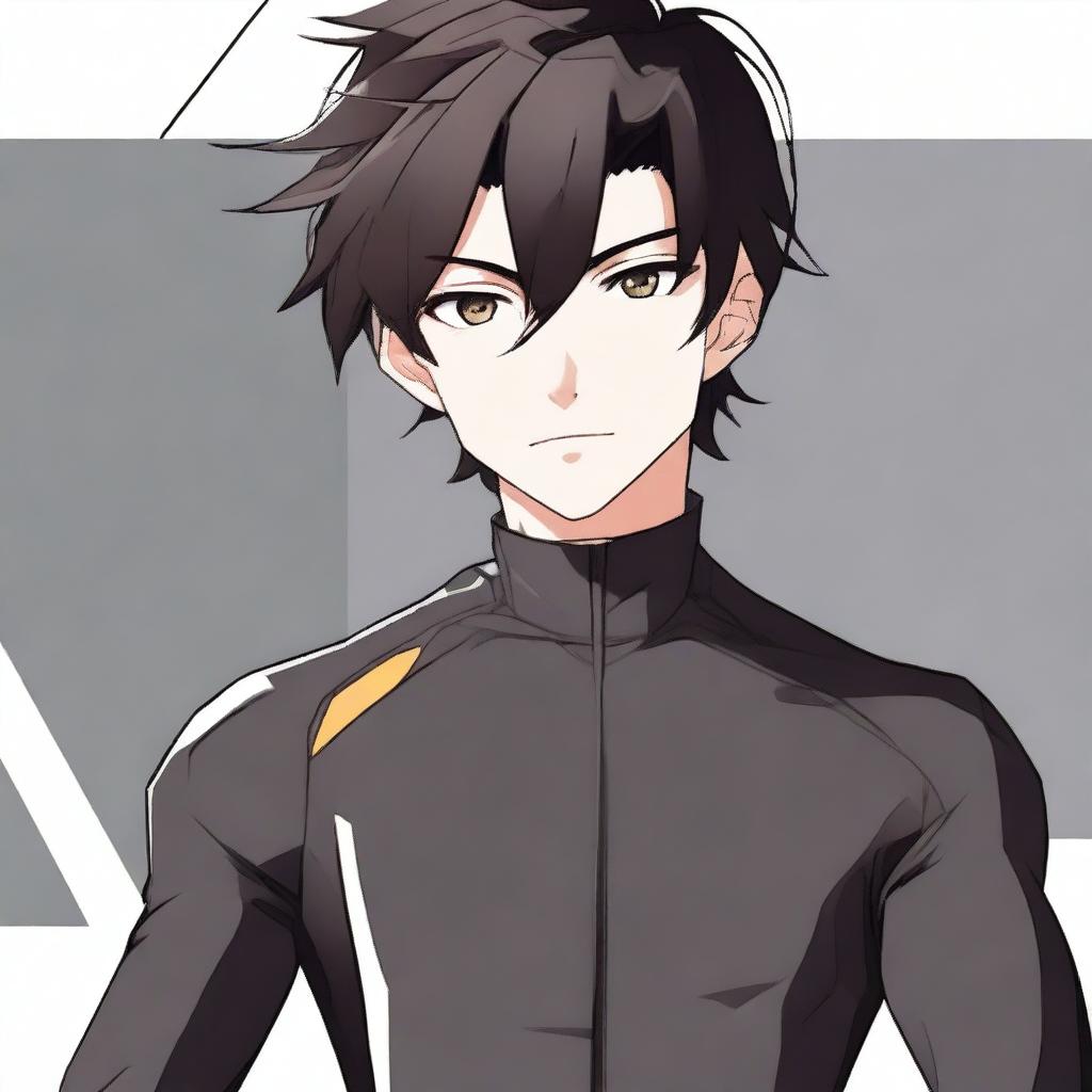 Anime style male character with black hair and brown eyes, donned in a sleek black cycling jersey.