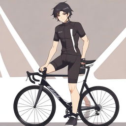 Anime style male character with black hair and brown eyes, donned in a sleek black cycling jersey.