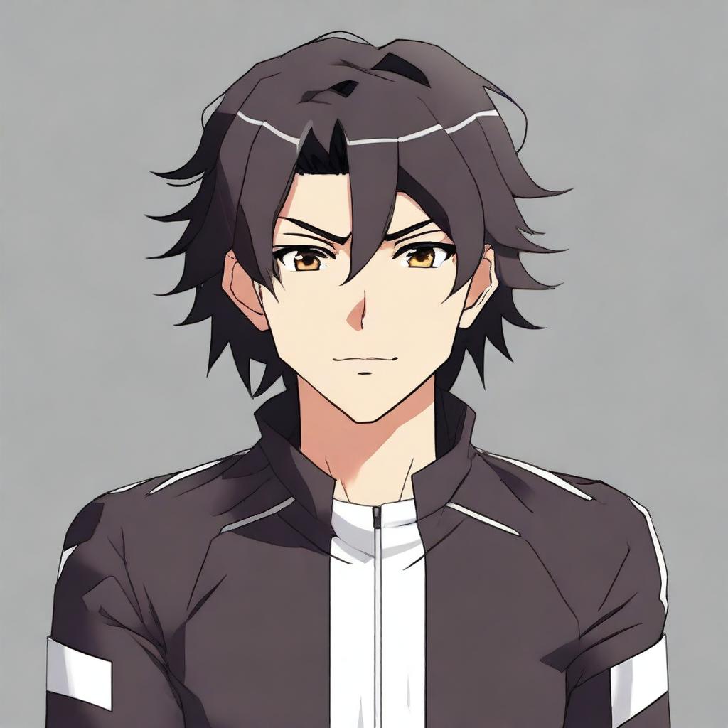 Anime style male character with black hair and brown eyes, outfitted in a black cycling jersey.