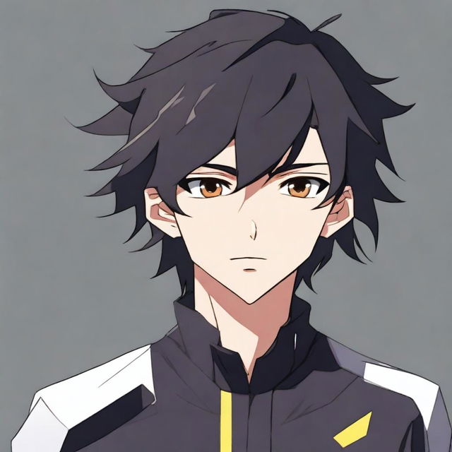 Anime style male character with black hair and brown eyes, outfitted in a black cycling jersey.