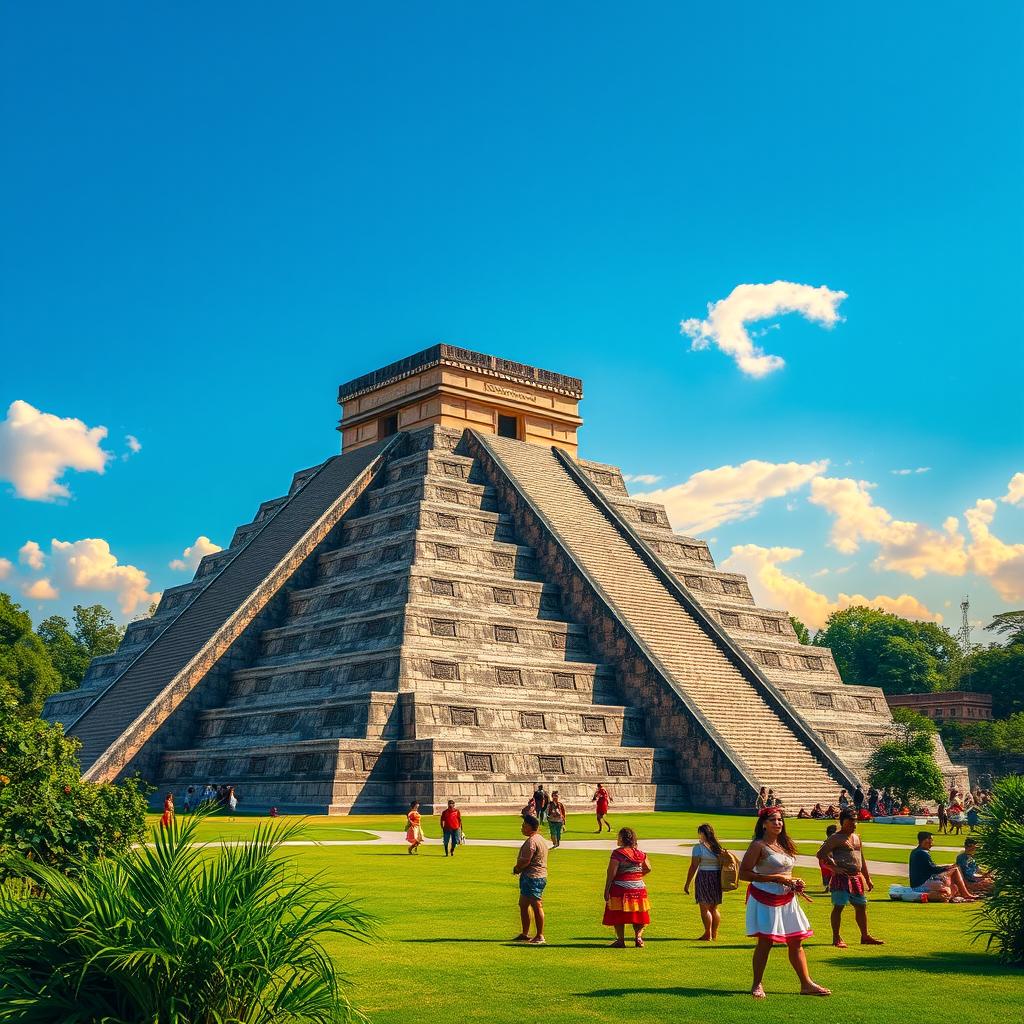 A stunning view of Tenochtitlán’s Templo Mayor, showcasing the majestic step pyramid structure adorned with intricate carvings and vibrant colors, surrounded by lush vegetation and the bustling life of the ancient Aztec city