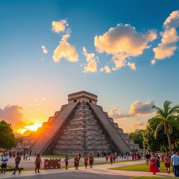 A stunning view of Tenochtitlán’s Templo Mayor, showcasing the majestic step pyramid structure adorned with intricate carvings and vibrant colors, surrounded by lush vegetation and the bustling life of the ancient Aztec city