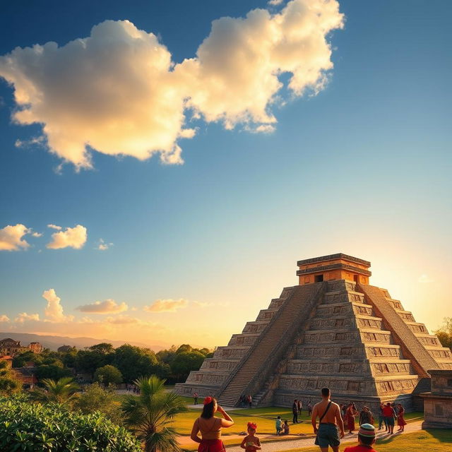 A stunning view of Tenochtitlán’s Templo Mayor, showcasing the majestic step pyramid structure adorned with intricate carvings and vibrant colors, surrounded by lush vegetation and the bustling life of the ancient Aztec city