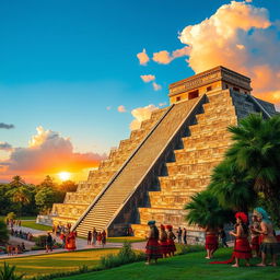 A stunning view of Tenochtitlán’s Templo Mayor, showcasing the majestic step pyramid structure adorned with intricate carvings and vibrant colors, surrounded by lush vegetation and the bustling life of the ancient Aztec city