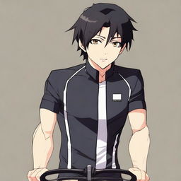 Anime style male character with black hair and brown eyes, outfitted in a black cycling jersey.