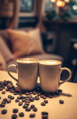 An artistic representation of two steaming cups of coffee positioned close together, each with a delicate, frothy heart-shaped latte art on top