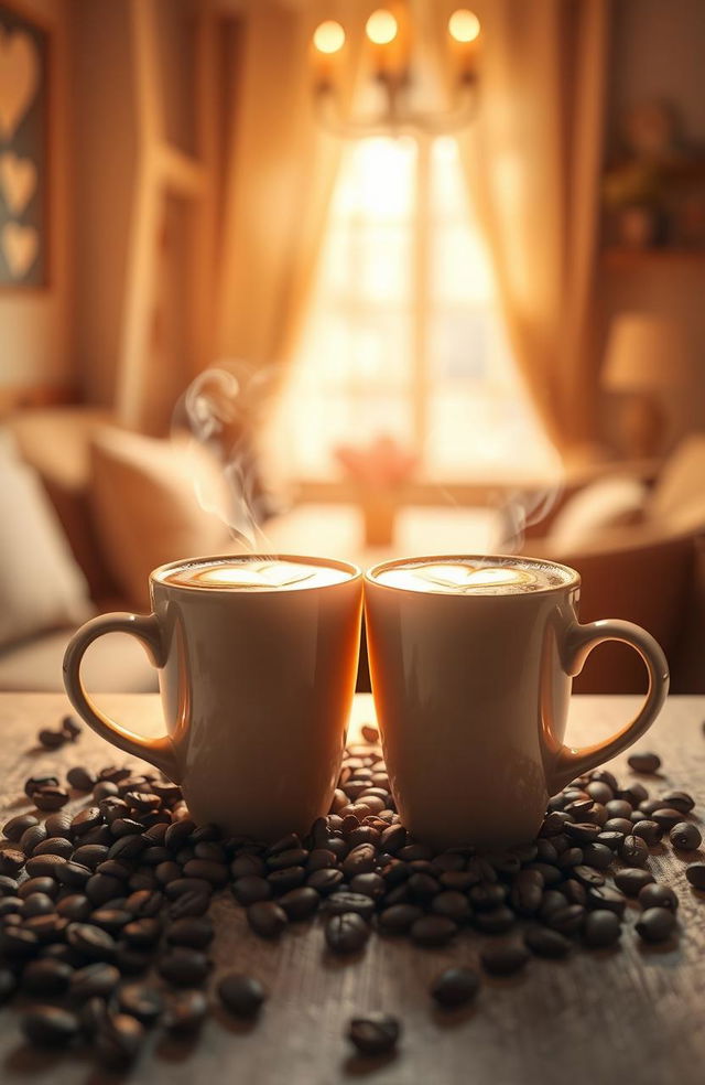 An artistic representation of two steaming cups of coffee positioned close together, each with a delicate, frothy heart-shaped latte art on top