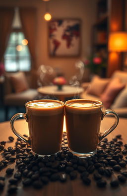 An artistic representation of two steaming cups of coffee positioned close together, each with a delicate, frothy heart-shaped latte art on top