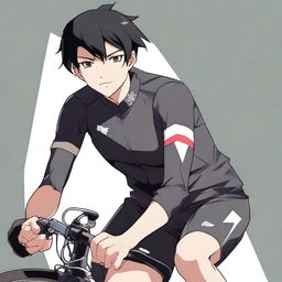 Anime style male character with black hair and brown eyes, outfitted in a black cycling jersey.