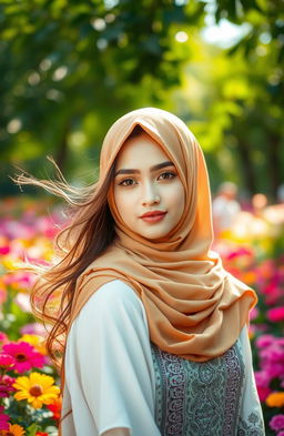 A beautiful woman with half of her head covered by a hijab and the other half with her hair flowing freely