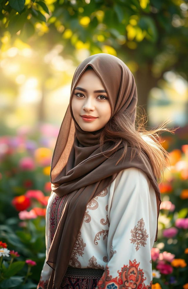 A beautiful woman with half of her head covered by a hijab and the other half with her hair flowing freely