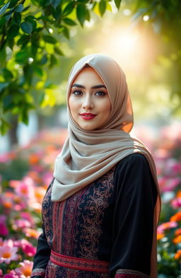 A beautiful woman with half of her head covered by a hijab and the other half with her hair flowing freely