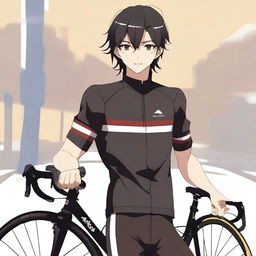 Anime style male character with black hair and brown eyes, dressed in a black cycling jersey.