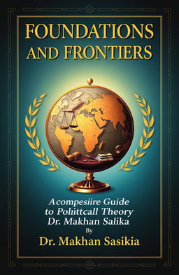 A detailed book cover design for 'Foundations and Frontiers: A Comprehensive Guide to Political Theory' by Dr