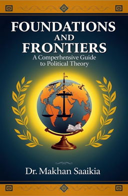 A detailed book cover design for 'Foundations and Frontiers: A Comprehensive Guide to Political Theory' by Dr